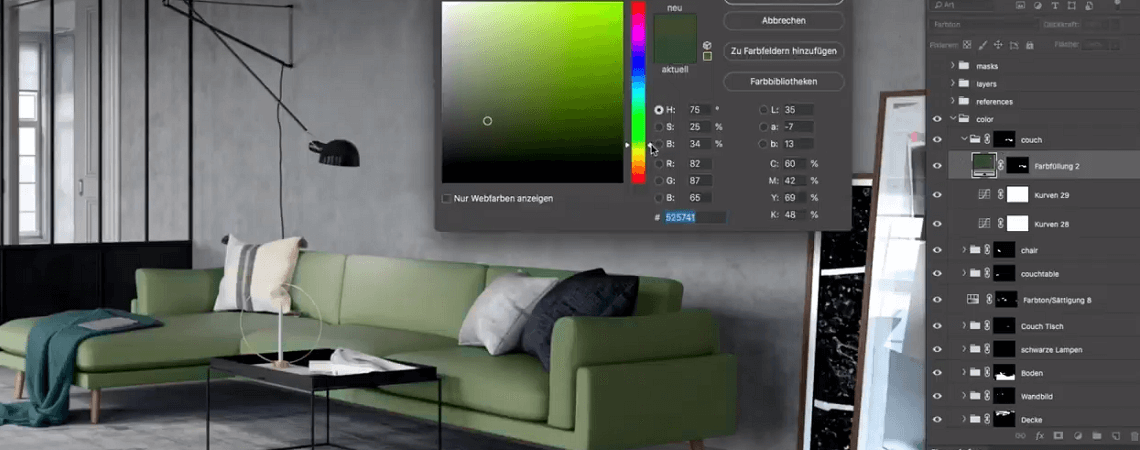 Mit Bildbearbeitungsprogramm am PC wird Sofa-Farbe verändert