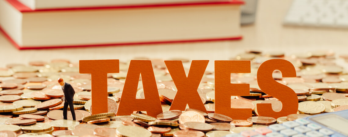 Wort Taxes in Kleingeld vor Büchern