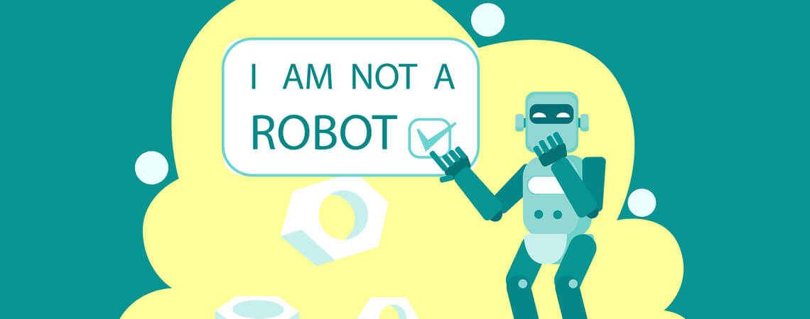 Grinsender Roboter klickt "ich bin kein Roboter"