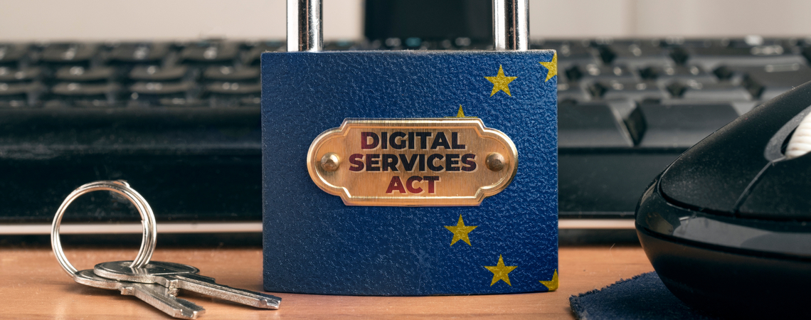 Schloss mit Aufschrift "Digital Services Act" vor PC