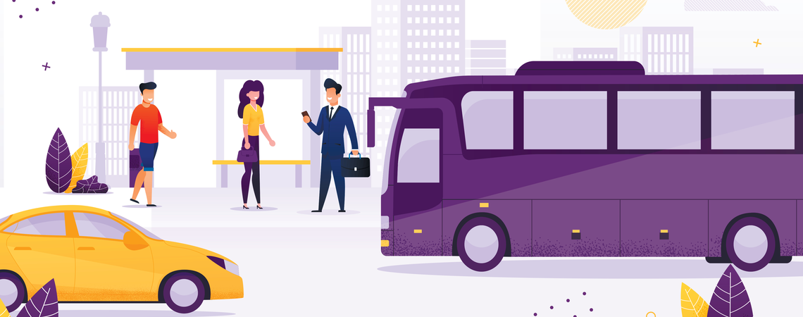 Bus, Auto und Personen an einer Bushaltestell