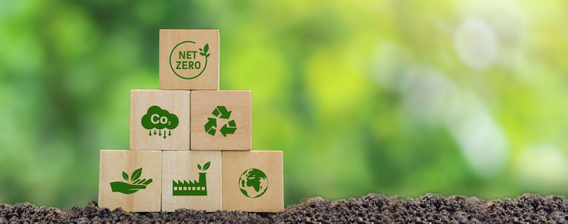 Holzwürfel mit Klimasymbolen vor grünem Hintergrund