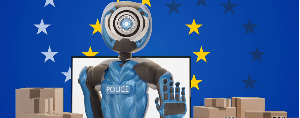 Roboter mit ausgestrecktem Arm vor EU-Flagge und Paketen