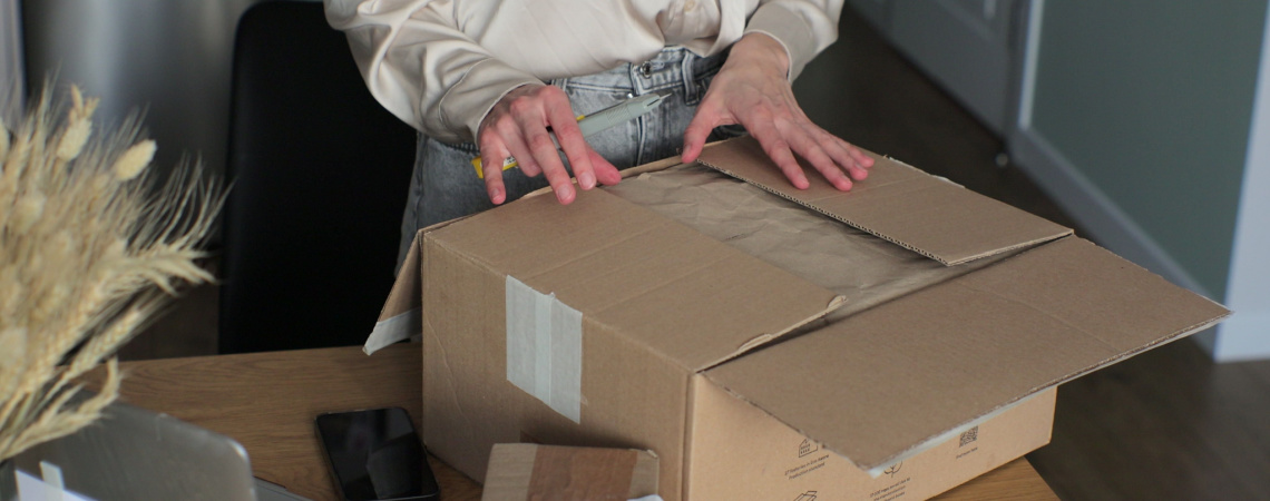 Nahaufnahme: Hände packen einen Karton aus, der auf einem Tisch liegt