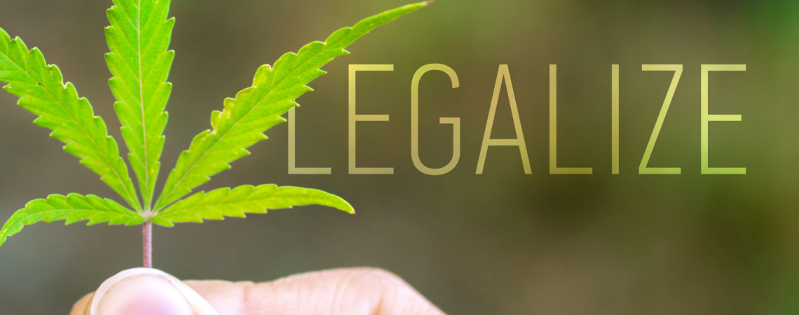 Grünes Cannabis-Blatt mit Inschrift LEGALIZE