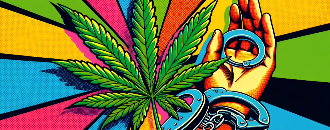 Bild im Pop-Art-Stil mit einem Cannabisblatt und Händen in Handschellen
