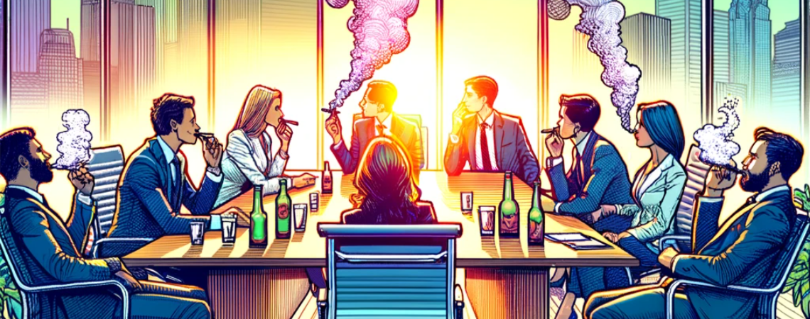Um einen Konferenztisch sitzen Geschäftsfrauen und -männer. Manche trinken Alkohol, andere kiffen.