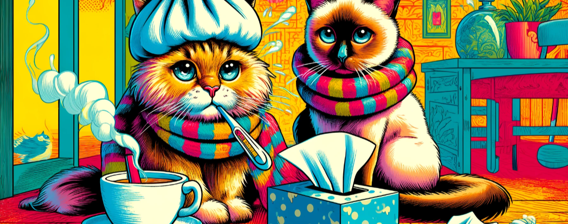 Comic: Zwei kranke Katzen, die Schnupfen haben und mit Taschentüchern und Tee versorgt werden.