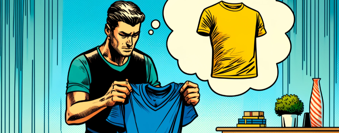 Ein Mann zieht aus einem Paket ein blaues T-Shirt. Er schaut ratlos. Über seinem Kopf ist eine Gedankenblase mit einem gelben Shirt.