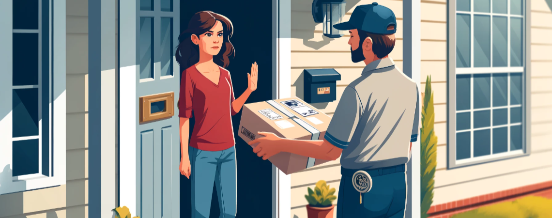 Comic-Bild: Frau steht in ihrer Haustür und weißt einen Paketboten ab, der gerade ein Paket abliefern möchte