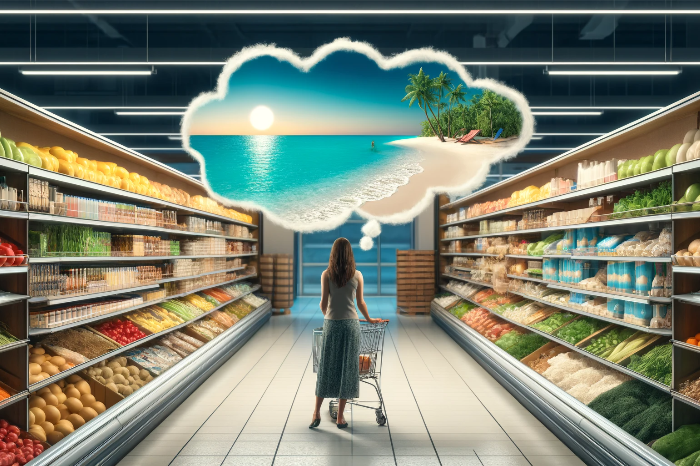 Frau geht im Supermarkt einkaufen. Über ihrem Kopf ist eine Gedankenblaße mit einem Strand