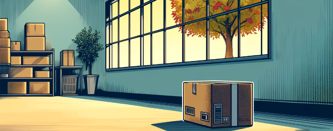 Comicbild: Ein einsames Paket, welches in einem Lager auf seine Abholung wartet. Im Hintergrund ist ein Fenster, mit einem Baum, von dem das Herbstlaub fällt. 