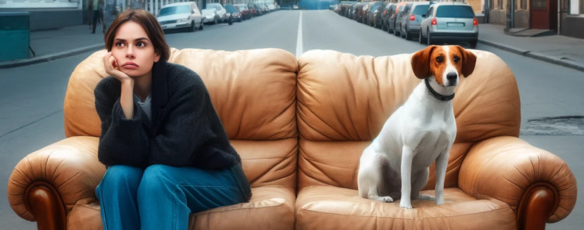 Eine Frau sitzt ratlos mit ihrem Hund auf einem Sofa am Straßenrand