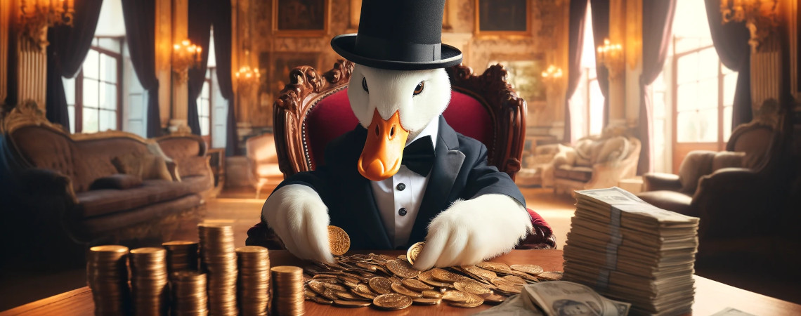 Eine Ente sitz am Tisch eines Schlosses und zählt böse Geld