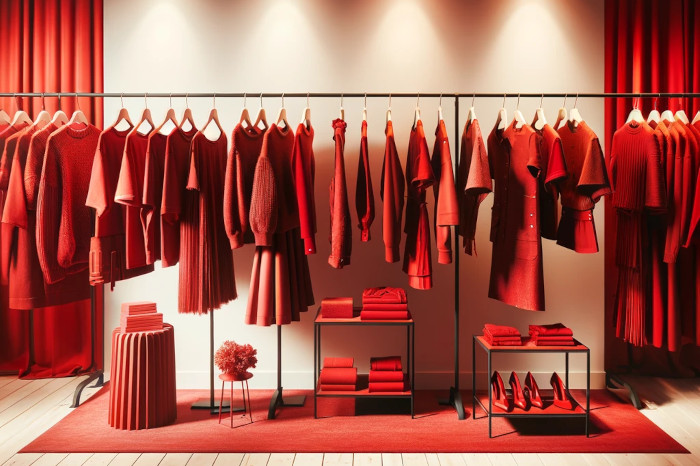 Rote Textilien hängen an Kleiderstrange