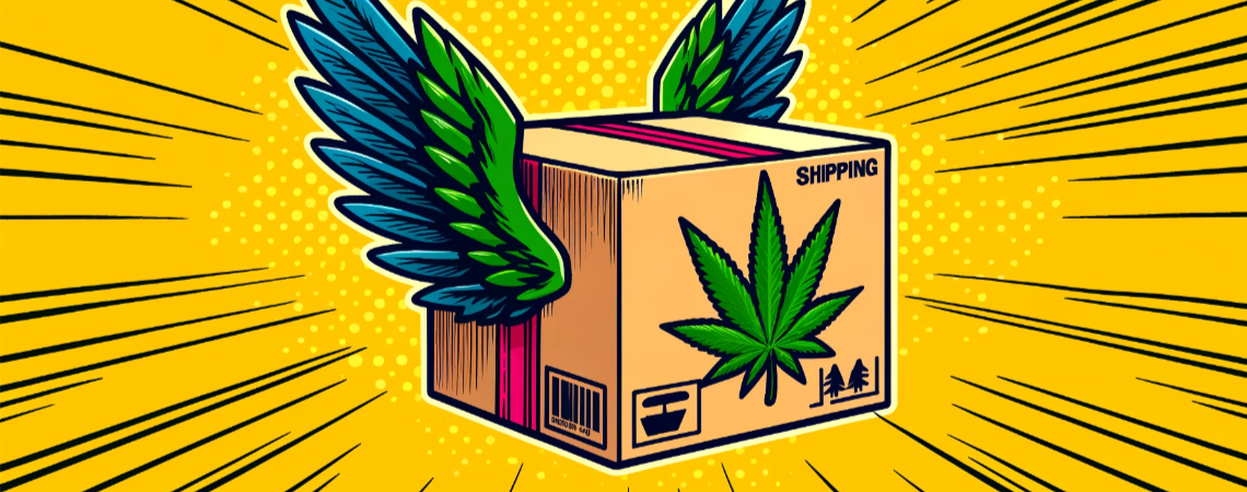 Paket vor gelben Hintergrund mit einem Cannabis-Blatt 
