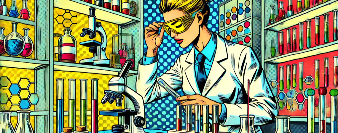 Eine Wissenschaftlerin in einem weißen Laborkittel arbeitet in einem Labor. Sie trägt eine Schutzbrille und ist umgeben von verschiedenen Laborgeräten wie Reagenzgläsern, Erlenmeyerkolben und Mikroskopen. Im Hintergrund sind Regale mit diversen chemischen Substanzen und Laborutensilien zu sehen. Die Szene ist in einem farbenfrohen, pop-art Stil gestaltet.