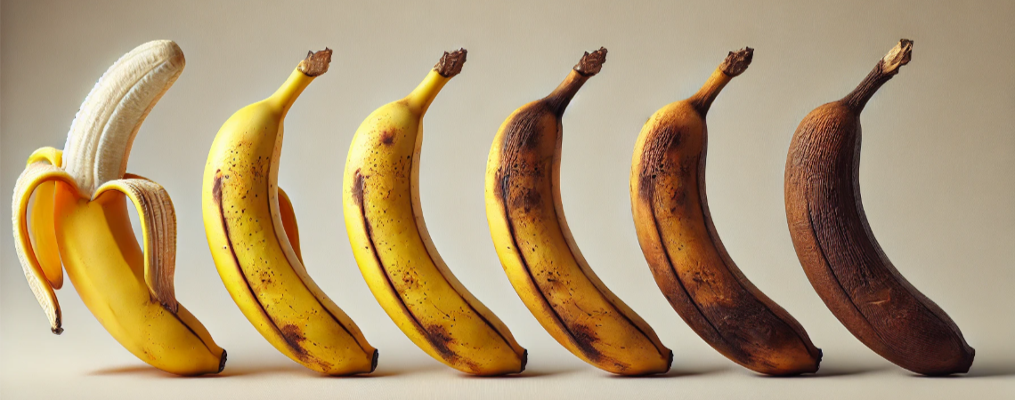 Ein realistisch dargestelltes Bild zeigt eine Banane, die langsam verrottet. Die Banane beginnt auf der einen Seite frisch und gelb, und verändert sich zu braun und fleckig, bis sie schließlich vollständig verfault ist.