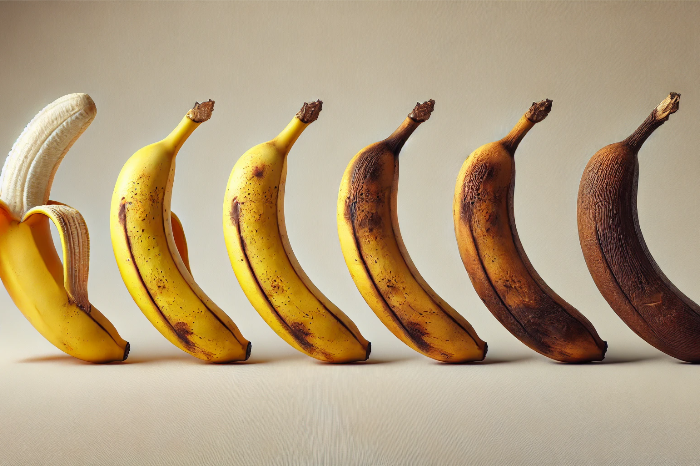 Ein realistisch dargestelltes Bild zeigt eine Banane, die langsam verrottet. Die Banane beginnt auf der einen Seite frisch und gelb, und verändert sich zu braun und fleckig, bis sie schließlich vollständig verfault ist.